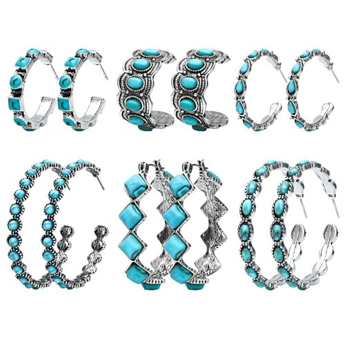 NEWITIN 6 Pairs Turquoise Hoop Earrings for Women Hypoallergenic Earring Bohemian Oval Earring Statement Ethnic Hoop Turquoise Western Earrings for Women