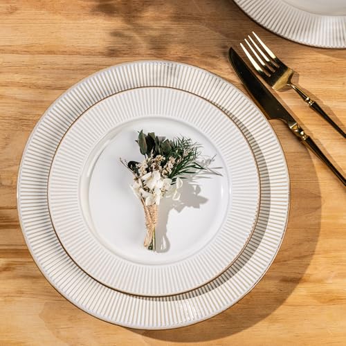 Image of GBHOME Ceramic Dinnerware Sets,18 pcs Embossed Elegant Stoneware Plates and Bowls Sets, Housewarming Wedding Gift | Dishwasher & Microwave Safe | Dishes Set Service for 6