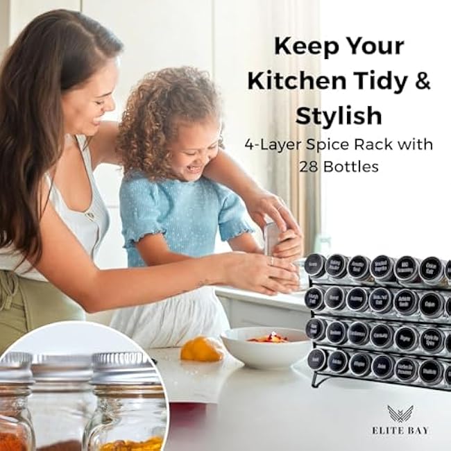 Spice Jar Rack with KEEP ¨C 4-Tier Organizer with 28 Empty Bottles, 180 Waterproof Labels (55 Blanks), Funnel &Screws | Space-Saving Spice Storage Set for Kitchen Counter or Cabinet