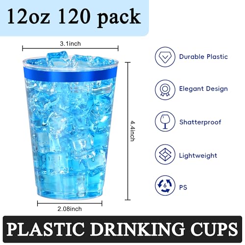 Image of 120 Pcs Blue Plastic Cups,12oz Blue Rimmed Plastic Cups,Heavy Duty Disposable Plastiic Wine Glasses Cocktail Glasses Premium Cup with Blue Rim for Party,Wedding,Christmas