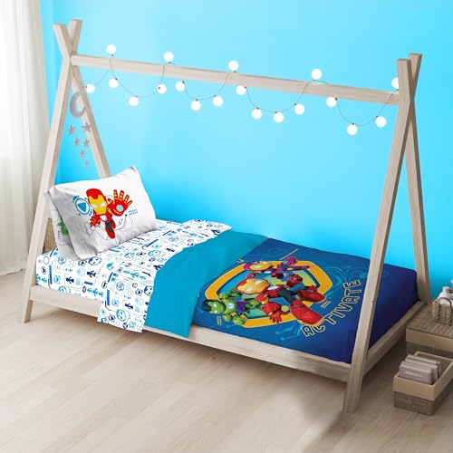 Image of Sunny Side Up Kids Comforter Set Includes Sheets and Pillow Covers - Soft and Cozy Bed Set for Stylish Room Decor, Blue - Iron Man and His Awesome Friends, 4 Piece Toddler Bed Frame Size Bedding