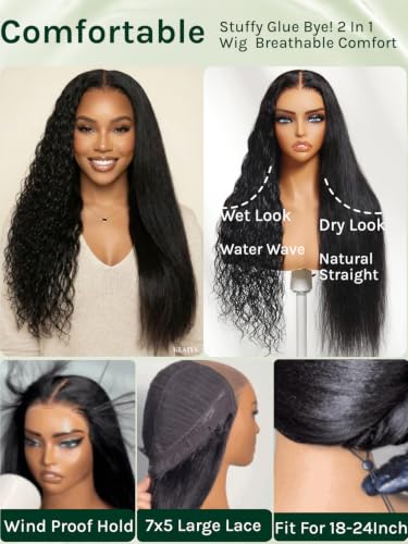 Image of KLAIYI 2 In 1 Straight to Water Wave Glueless 7x5 Lace Wig Human Hair 24 inch