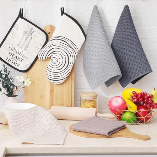 Image of Kitchen Cotton Lint Free Waffle Weave Hand Towels, Quick Drying Dish Cloths, Highly Absorbent Dish Rags Tea Towels Set with Hanging Loop, 13.4 inchx 13.4 inch, Multicolor, Pack of 6