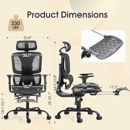 Image of ECOTOUGE Ergonomic Office Chair with Footrest, High Back Mesh Computer Chair with Adjustable Lumbar Support, Rolling Swivel Desk Chair for Home Office, Gaming Chair with Headrest and Wheels, Black