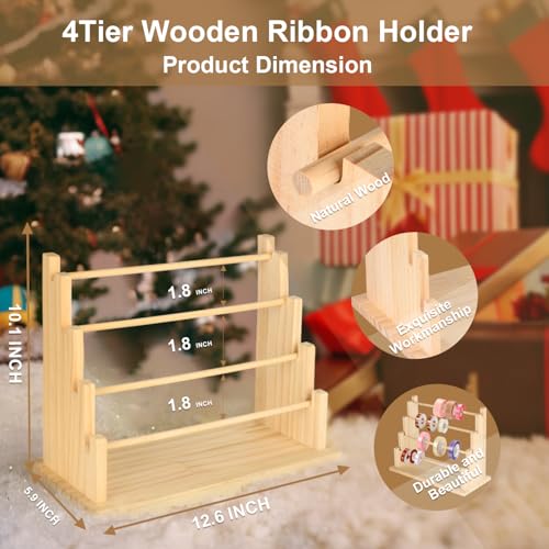 Image of Homakover 4 Tier Wooden Ribbon Organizer Rack, Large Capacity Ribbon Holder for Ribbon Spool, Washi Tape Storage Organizer, Wooden Sewing Organizer Display Shelf for Craft Room,Cake Shop,Flower Store