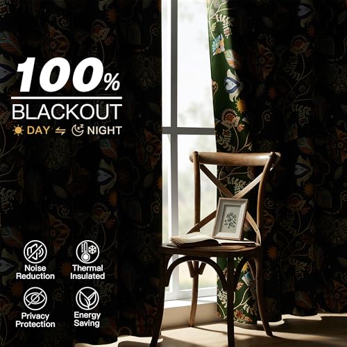 Image of Short Black Out Floral Patterned Curtains 45 Inch Long for Bedroom 2 Panels | 100% Blackout Boho Farmhouse Vintage Cottage Core Decorative Window Treatment for Bathroom Kitchen Small Window Green 52x45
