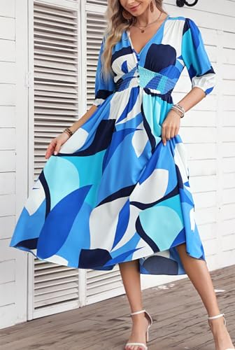 Image of Kormei Women Casual Boho V Neck 3 /4 Sleeve Smocked Waist A Line Flowy Swing Midi Dress Smocked Long Dress