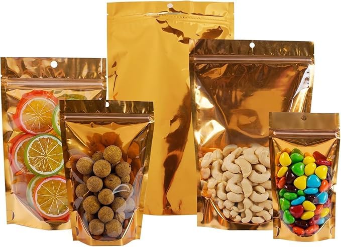 VELEXE Reusable Zip Lock Stand Up Pouches | Gold & Transparent | Pack of 15 | Waterproof, Leakproof, Airtight Multi-Purpose Storage with Top Notch | Size: 120mm*200mm | Capacity: 250 Grams