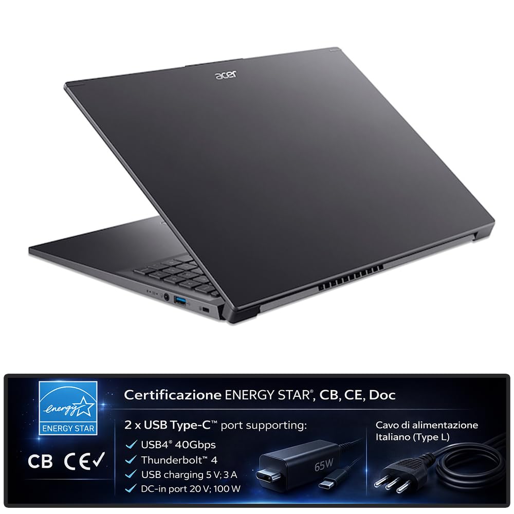 Acer Notebook, Intel Ultra7 155U Meteor Lake, Ram DDR5 32Gb, SSD Pci da 1 Tb, Display WUXGA 16" FHD+, Tastiera qwerty retroilluminata, fingerprint, Wi-Fi 6, thunderbolt 4, Hdmi, pronto all'uso