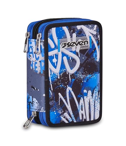 Seven Astuccio Scuola Elementare, 3 scomparti, Medie, con Matite, Pennarelli, Penne, 3 Zip, Writing Graffiti, Bambino, Ragazzo, blu/nero