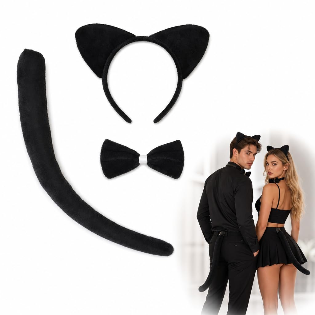 RJFUJP 3PCS Cat Ears and Tail Set, Black Cat Costume Accessories