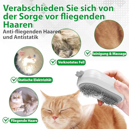 Katzenbürste mit Dampf & Auslöseknopf, Wiederaufladbar Dampfbürste von Katze Hunde, Spray Haustierhaar Bürste, Massage Steamer Kamm für Langhaar und Kurzhaar zum Entfernen Losem Fell und Schmutz