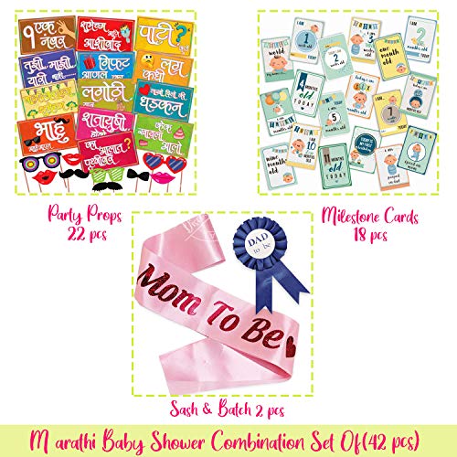 Image of Wobbox Marathi Baby Shower Decoration Items| Baby Shower Ceremony Photo Booth Props For Photoshoot, Daddy To Be Badge & Mom To Be Sash With Milestone Card, Godh Bharai Ceremony Decoration Kit-(FP1027)