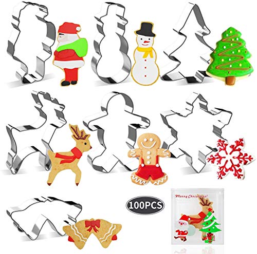 joyoldelf Formine Biscotti Natale e 100 Pezzi Mini Borsa - 7 Pezzi Formine Biscotti in Acciaio Inossidabile,Albero di Natale, Fiocco di Neve, Renne, Pupazzo di Neve, Babbo Natale, Campana per Bambini