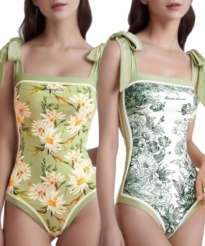 Image of SKAYS Reversible Floral One Piece Swimsuit Women Bathing Suit Vintage Cute with Adjustable Straps Swimwear