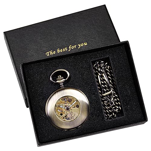 Bronze Smooth Vintage Skeleton Mechanical Pocket Watch, Self Winding Mechanical Pocket Watches For Men Gift #TOP1