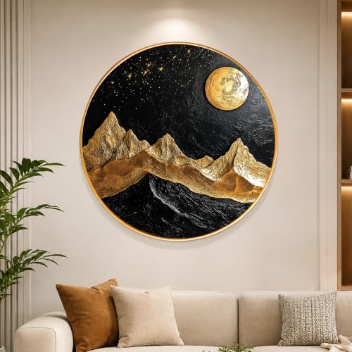 Image of PAINTINGMANTRA Golden Mountain Moon Vastu Framed Wall Art Painting For Living Room, Symbol of Stability, Mountain Poster with frame for Wall, Decoration item for bedroom & Home, 16 Inch