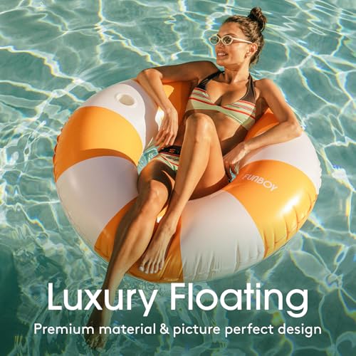 FUNBOY Giant Vintage Orange Stripe Inflatable Pool Float with Cup Holder, 48" Adult Inner Tube Swim Ring Pool Lounger by FUNBOY - Used condition - Image 2
