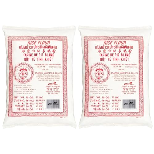 Harina de arroz tailandés Erawan de 473 ml (básica), 2 unidades, ideal para cocinar y hornear, 0,5 kg de harina de arroz molido en agua tradicional puede hacer una variedad de aperitivos y postres