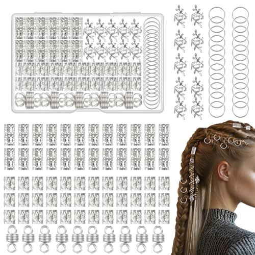 Kieswan 100 pezzi dreadlocks gioielli vichinghi per capelli in argento, anelli per capelli in metallo per trecce, forcine regolabili per capelli, accessori per la decorazione