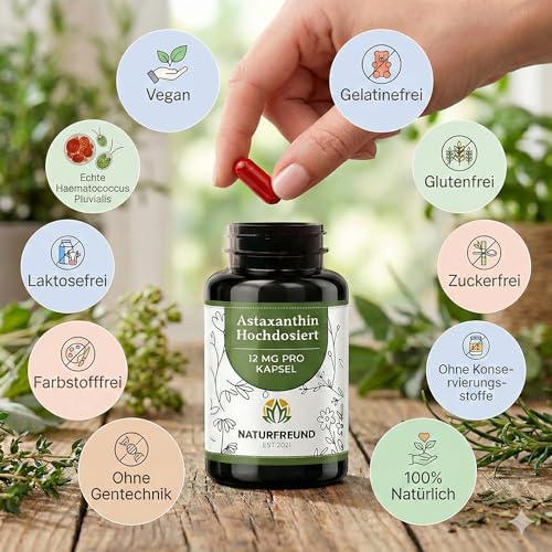 NATURFREUND® Astaxanthin 12 mg HOCHDOSIERT - 90 vegane Kapsel - ohne Zusätze - aus echten Haematococcus Pluvialis-Mikroalgen gewonnen - Laborgeprüft und Zertifiziert in Deutschland