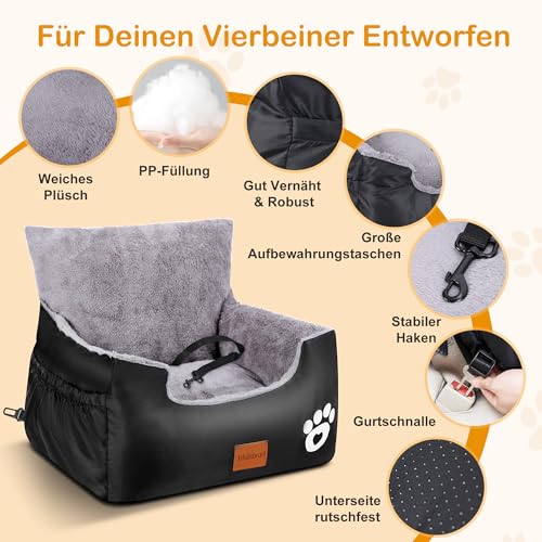 Hunde Autositz, 55x30x30cm, 1 Ansteckbare, Verstellbare Sicherheitsleinen, Auto-Hundebett für kleine Hunde, komplett Abnehmbarer und Waschbarer Autositz für Haustiere mit 2 Aufbewahrungs