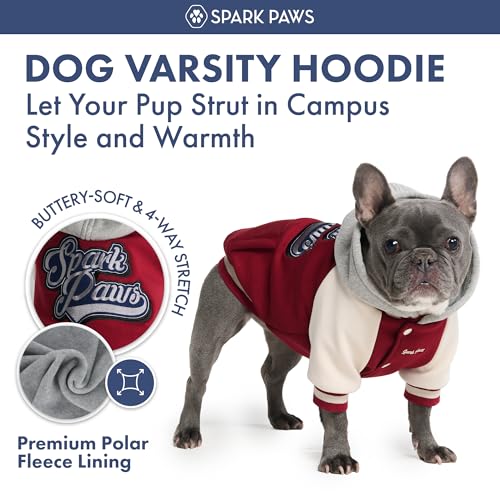 Image of Spark Paws Varsity Dog Hoodie - Premium Dog Sweater for Small, Medium, and Large Dogs | Warm Clothes for Pets, Winter Jacket Alternative - Red - M