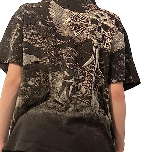 Women Y2K Grunge Short Sleeve T-Shirt E-Girl Punk Gothic Summer Graphic Tee Tops Harajuku Vintage Crop Tee Shirts