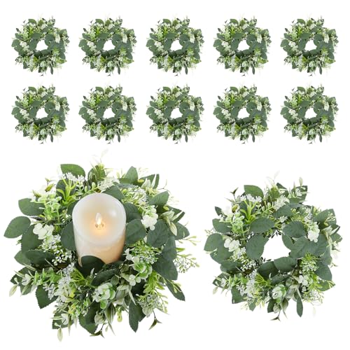 12PCS Artificial Eucalyptus Leaves Wreaths Candle Rings Wreaths Summer Greenery Garland Pillar Holder for Home Wedding Party Table Centerpiece Green