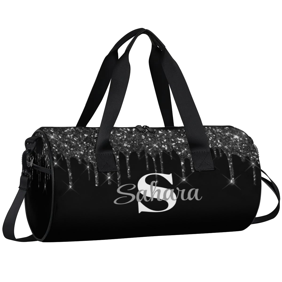 Personalized Glitter Dance Bag Duffle Bag for Girl, Custom Gymnastics Cheerleader Bag Travel Bag Sport Gym Bag Weekender Bags with Adjustable Black Glitter Drips