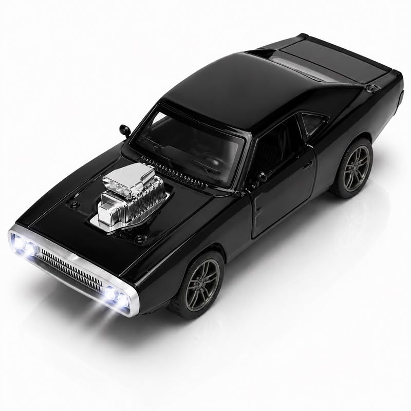 Image of 1970 Dodge Charger Fast & Furious - 1:36 Scale Die-Cast Alloy Toy Car for Kids | Pull-Back Model with Openable Doors, LED Lights & Engine Sounds (Black)
