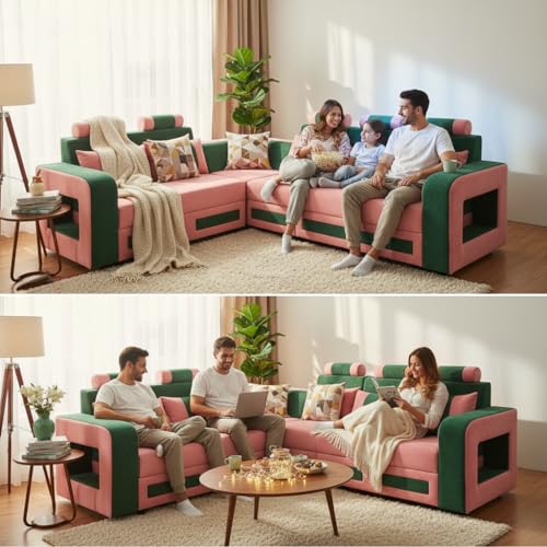 Image of APRODZ Wooden Sofa Set 6 Seater for Living Room, Solid Wood L Shape Sectional Sofa with Velvet Fabric Upholstery, Cushioned Seating for Home, Office & Lounge, Green & Pink