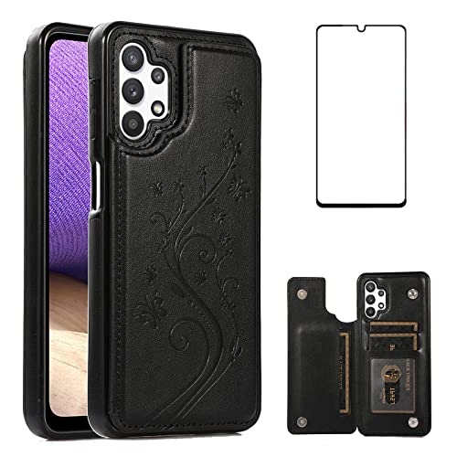 Phone Case for Samsung Galaxy A32 5G 6.5 inch with Tempered Glass Screen Protector Card Holder Wallet Cover Stand Flip Leather Cell Accessories Glaxay A 32 32A S32 G5 A326U Cases Women Girl Black