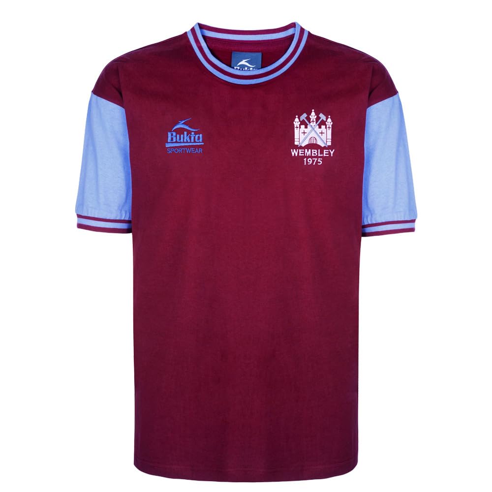 Score Draw West Ham United 1975 FA Cup Final Retro Shirt Claret/Sky Small Cotton