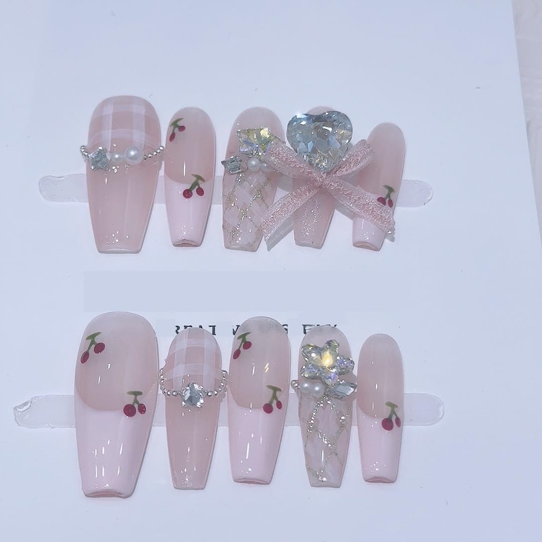 Handmade Wearable Nails Spring Cherry Ballet Removable Nail Art Patches(Small)
