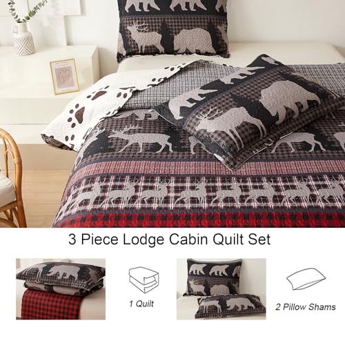 Ycosy Queen Size Quilt Set Bedding Rustic Lodge Bedspread Set Queen Red Black Buffalo Plaid Quilt Reversible Bedspread Coverlet Lightweight Quilt Bedding Moose Bear Country Cabin Coverlet by Ycosy - Used condition - Image 7