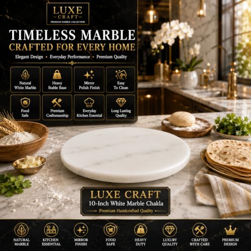 Image of Luxe Craft White Marble Chakla 10 Inch | Roti Chapati & Papad Rolling Board | Smooth Finish Stone Chakla | Heavy Duty Non Slip Dough Rolling Board for Kitchen Use