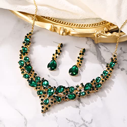 Brilove 12001778-22 Wedding Bridal Necklace Earrings Jewelry Set For Women Austrian Crystal Teardrop Cluster Statement Necklace Dangle Earrings Set Emerald Gold-Toned thumb #4