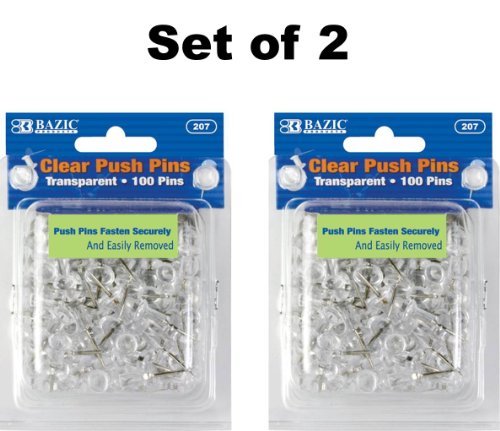 Set of 2 BAZIC Transparent Push Pins, Clear, 100 Per Pack