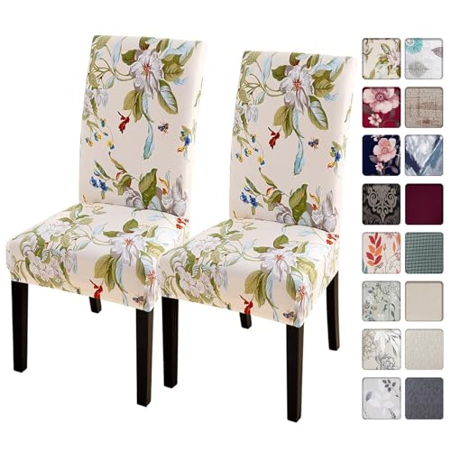 Image of SearchI Dining Room Chair Covers Slipcovers Set of 2, Spandex Super Fit Stretch Removable Washable Kitchen Parsons Chair Covers Protector for Dining Room,Hotel,Ceremony,Beige+Flowers