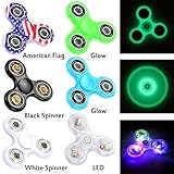 Fidget Spinner 6 Pack | Multi-Colored LED, 2 Glow-In-The-Dark, American Flag, Black White Premium Stress Reducer Tri-Spinner for Party Favor, School Classroom Reward and Easter Basket Stuffers Fillers