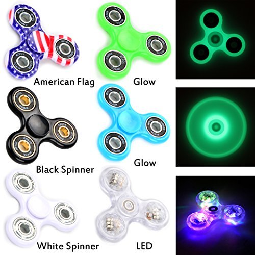 Fidget Spinner 6 Pack | Multi-Colored LED, 2 Glow-in-The-Dark, American Flag, Black White Premium Stress Reducer Tri-Spinner for July 4th Party Favor, School Classroom Reward