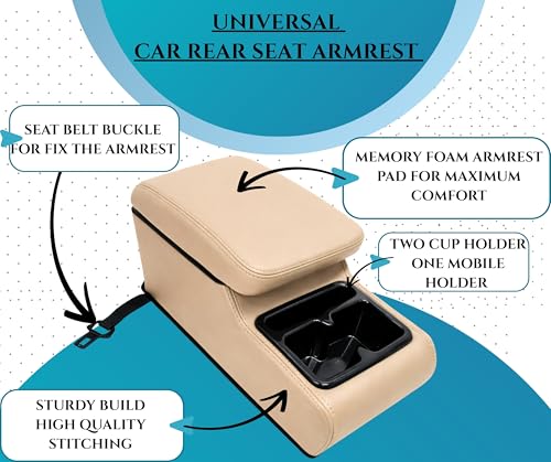 Image of PABLA Universal Premium Car Rear Seat Armrest with Memory Foam Cushion And Storage Box,Dual Cup Holders,Dual-Mount Fit (Full Beige Color)