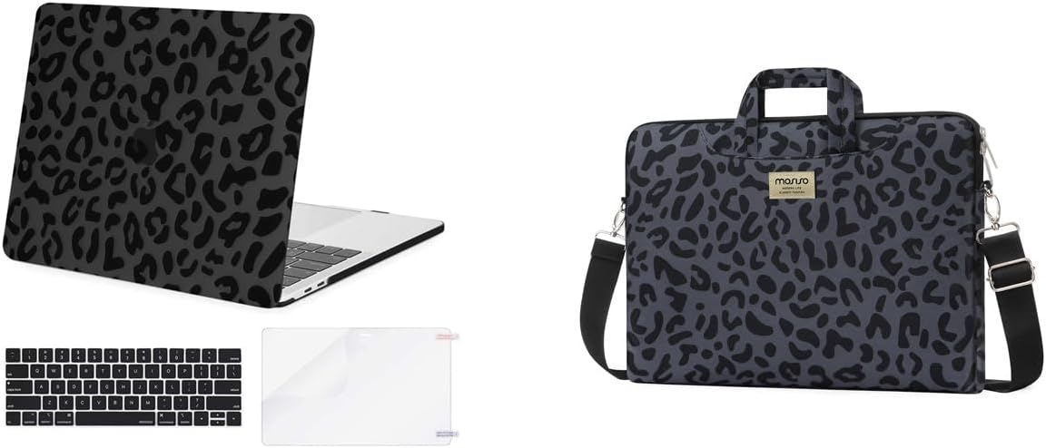 MOSISO Compatible with MacBook Pro 13 inch Case M2 A2338 M1 A2251 A2289 A2159 A1989 A1708 A1706, Plastic Leopard Grain Hard Shell Case&Keyboard Cover&Screen Protector&Laptop Shoulder Bag, Black