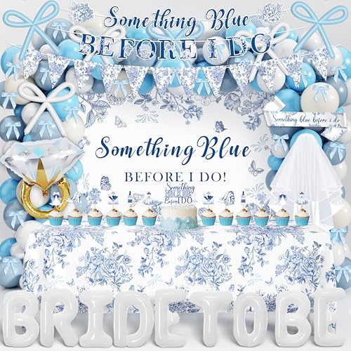 Something Blue Before I Do Bridal Shower Decorations 127 PCS Blue Bachelorette Party Decorations with Coquette Bow Balloon Arch Kit Floral Backdrop Tablecloth Banner Garland Cake Topper Veil