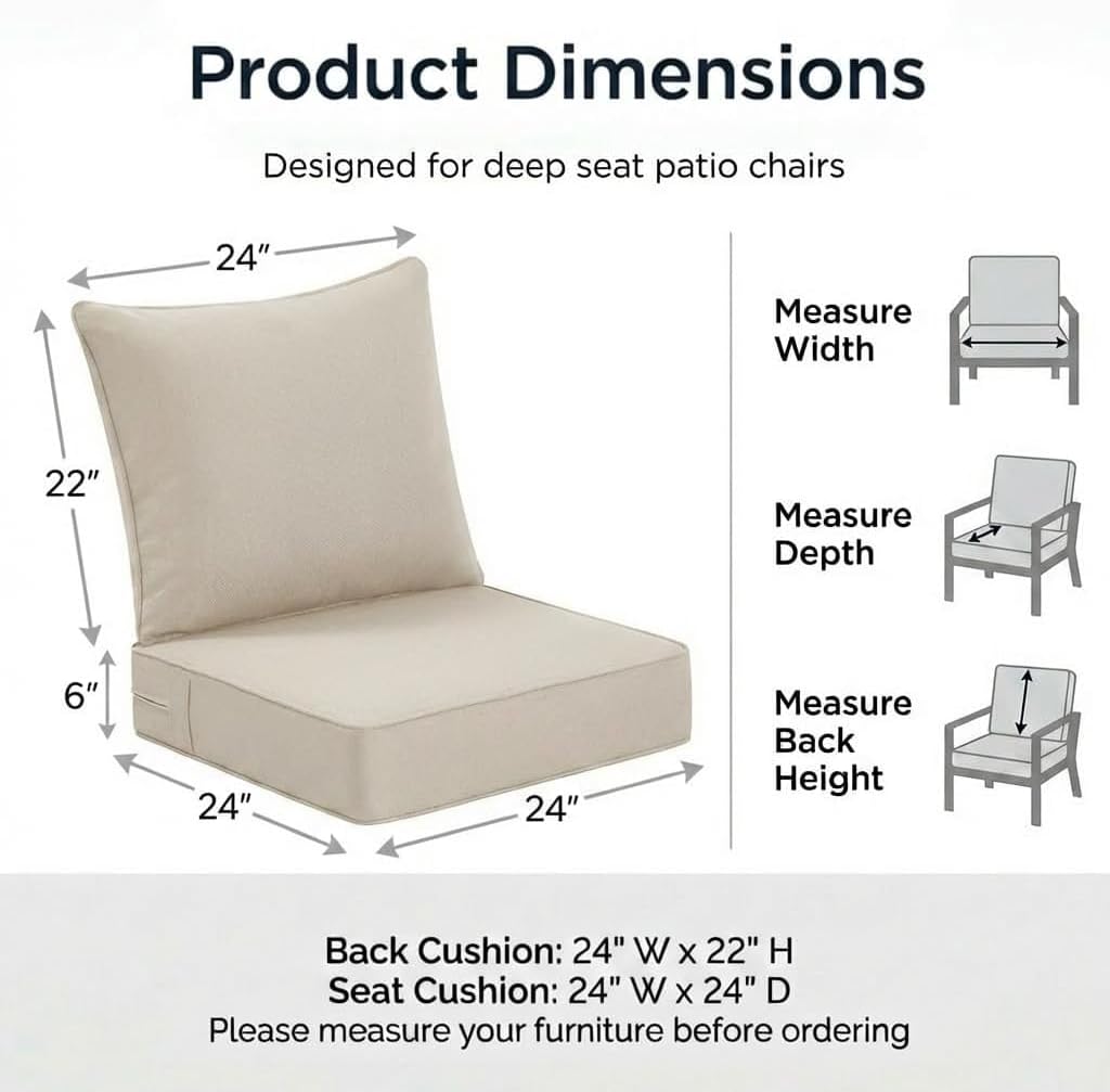 OUTISAN 6 Inch Extra Thick Outdoor Chair Cushions-24 x 24 Water & UV & Fade Resistant 1 Seat Outdoor Patio Furniture Cushions for Wicker Chairs Patio Chairs Loveseat Sofa (5, Beige)