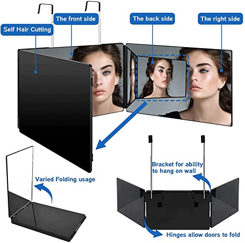 Padom 3 Way Mirror for Hair Cutting - Rechargeable 360° Barber With Adjustable Lights & Height Telescoping Hooks, Trifold Self Cut