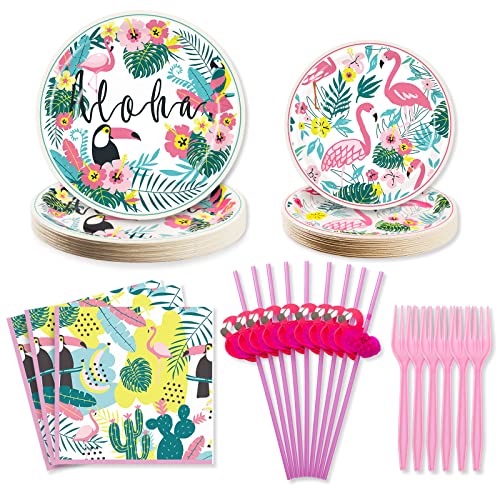 Hawaiian Luau Party Decorations Plates and Napkins Set - Flamingo...