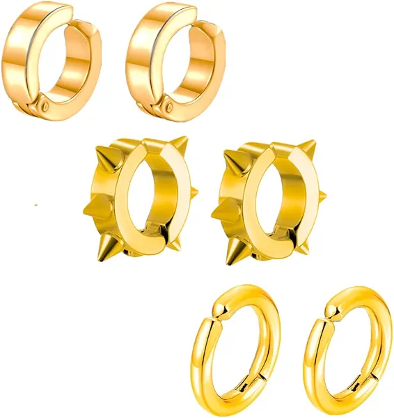 3 Pairs Clip On Non-pierced Hoop Earrings for Men Women Stainless Steel Cartilage Spikes Awl Ear Cuffs Punk Rock Earrings