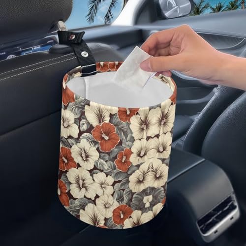 Image of Hawaiian Flower Car Trash Can Collapsible Hanging Portable Dustbin Bin Waste Basket for Women Car Accessories Interior Small Trash Can for SUV Trucks